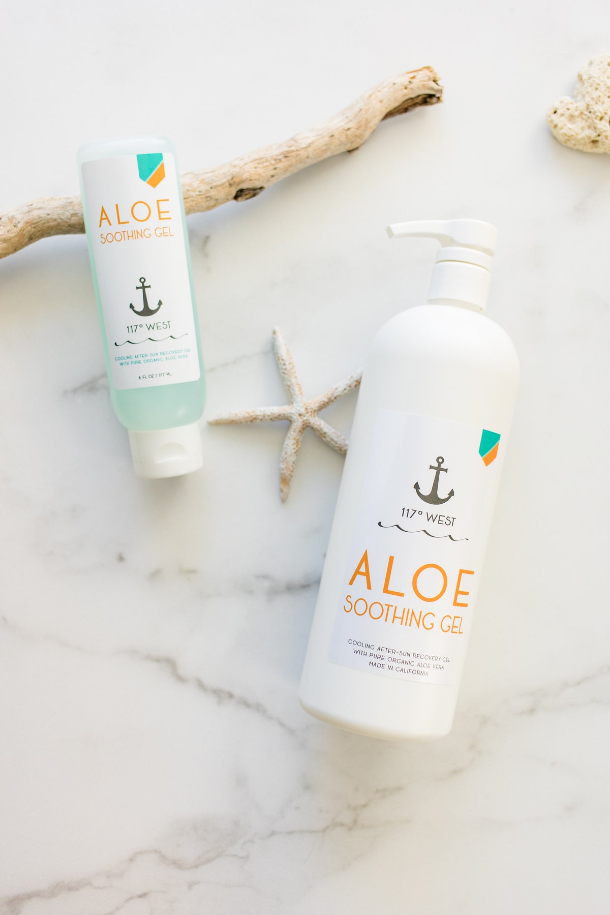 two aloe soothing gels with marble background