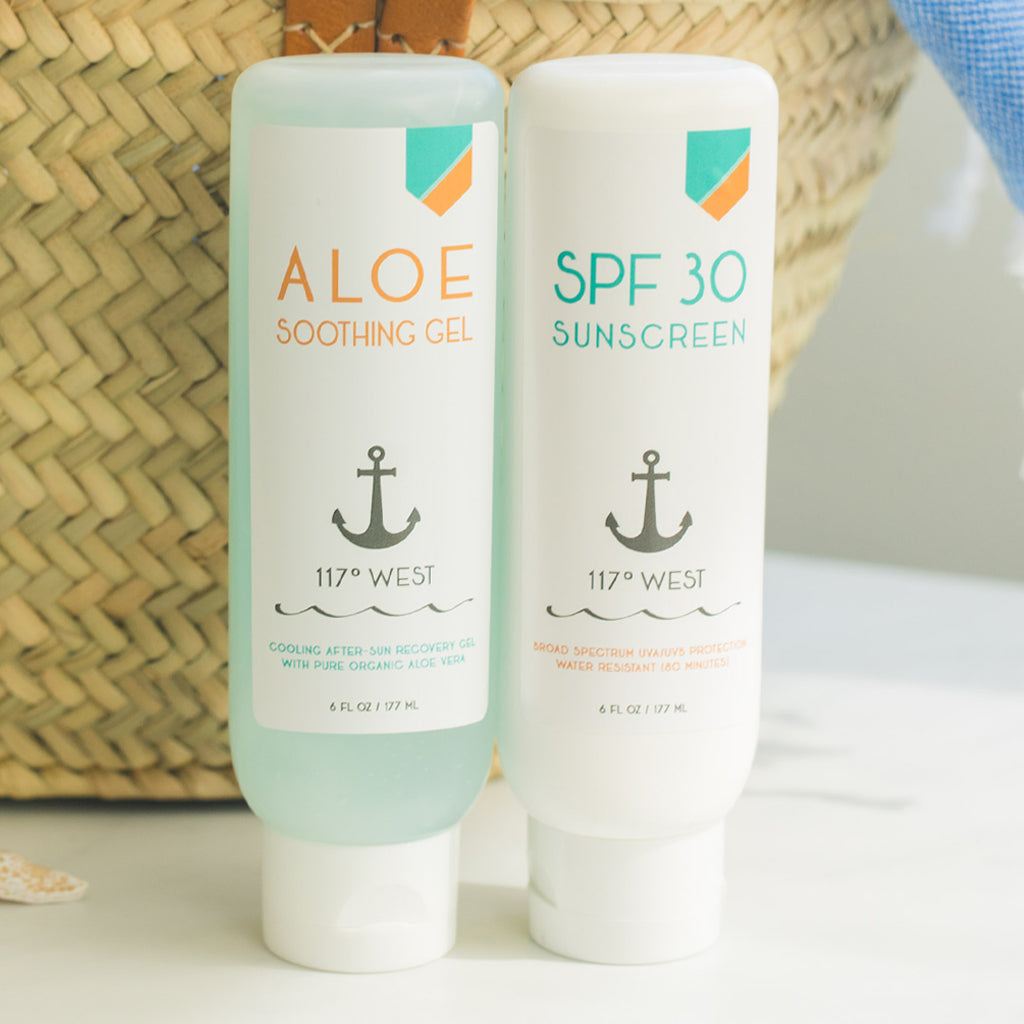 aloe soothing gel and SPF 30 sunscreen with straw beach bag in background