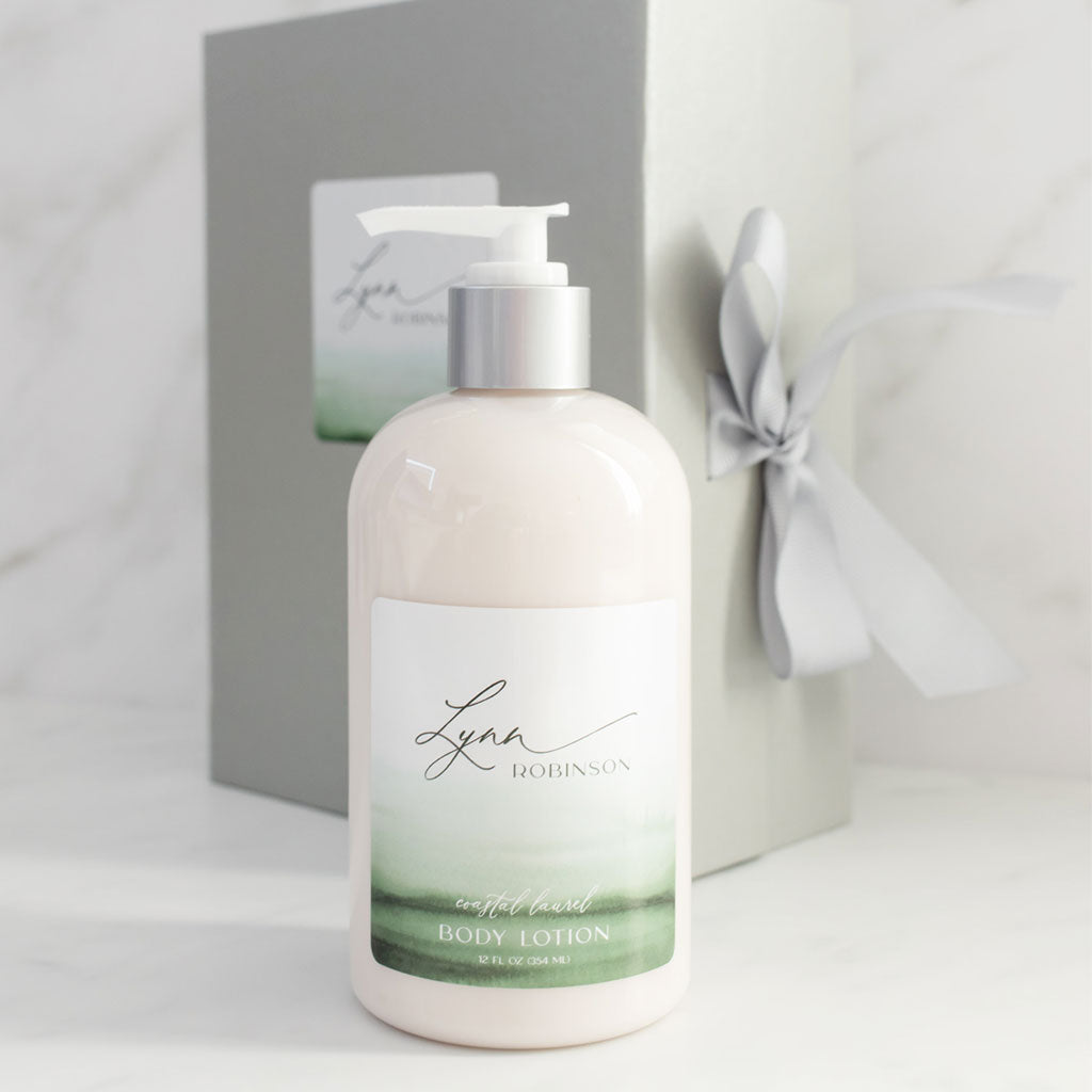 custom body lotion, gift box in background