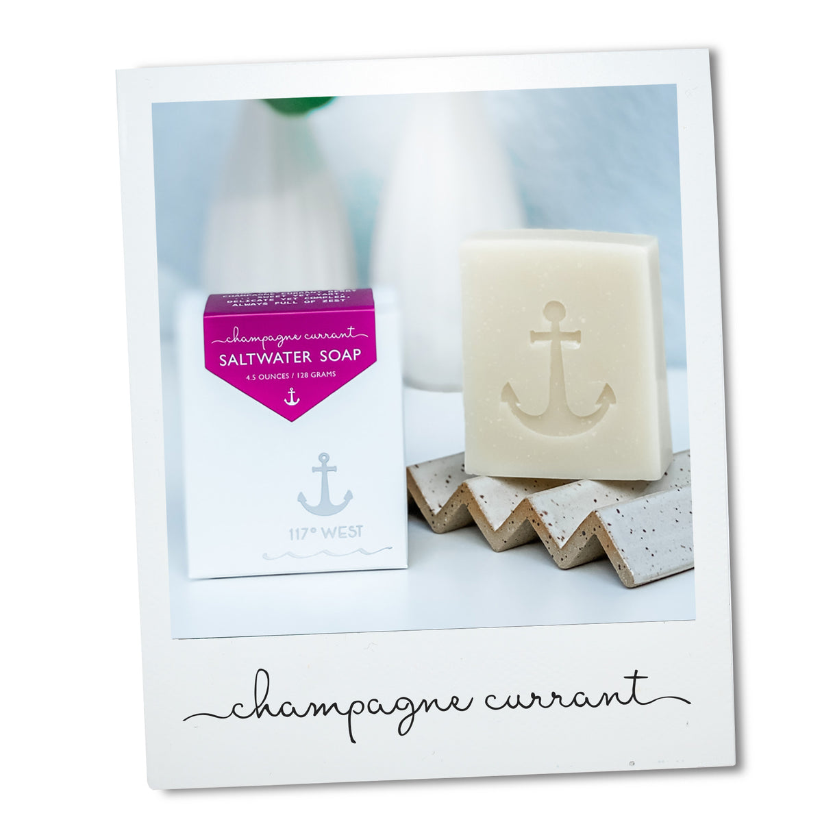 (on left) champagne currant saltwater soap box, (on right) champagne currant saltwater soap bar on ceramic dish