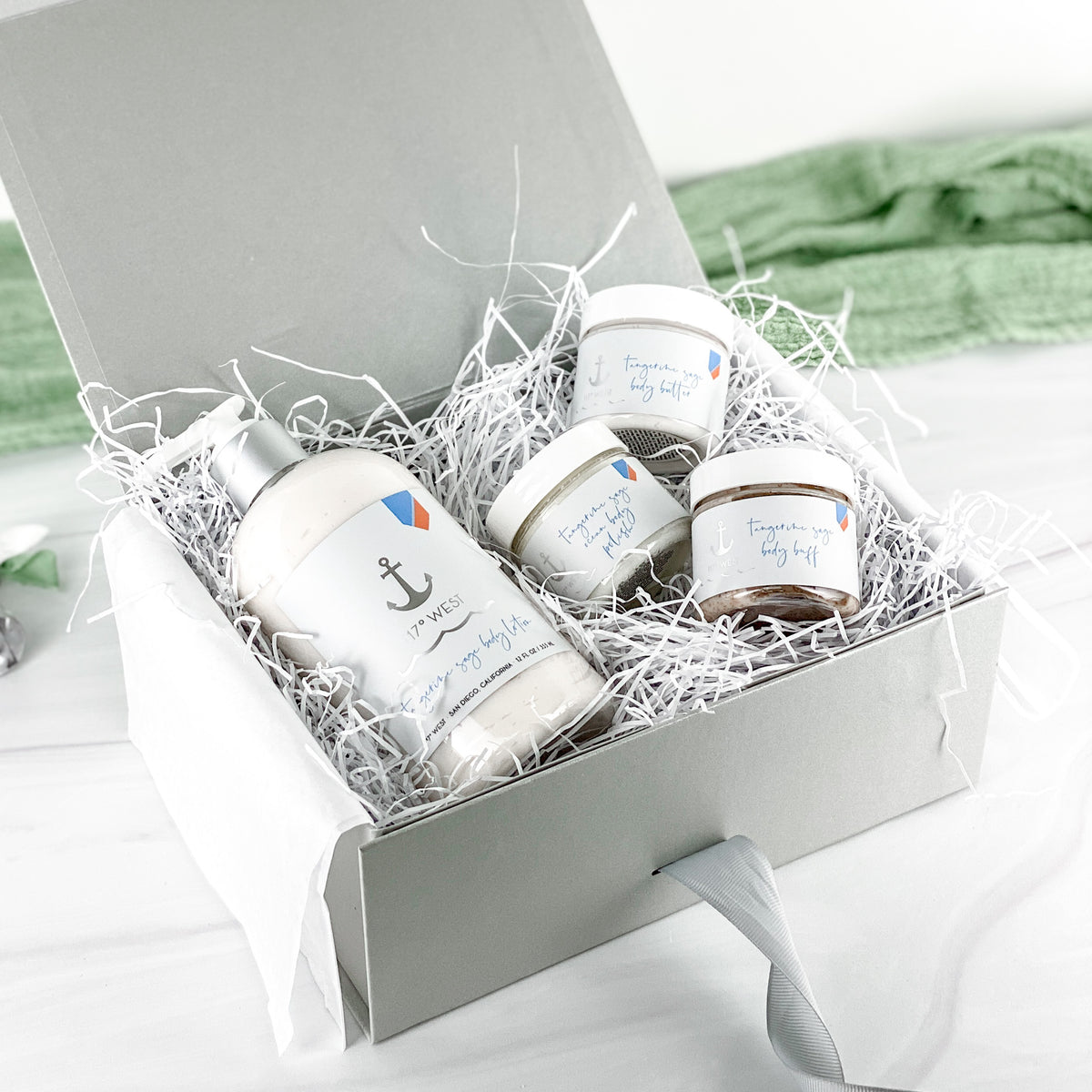 GIft Box with Lotion and travel Body Butter, Body Polish and Body Buff.